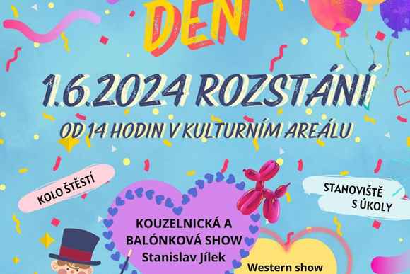 Plakát s pozváním na dětský den, Místo: SHČMS Rozstání ve spolupráci s honební společností a mysliveckým spolkem Rozstání a obcí Rozstání pořádá 1.6. 2. 2024 dětský den.
Akce se koná v kulturním areálu.
Sponzor akce je OR-CZ spol. s r.o..
Můžete se těšit na: Kolo štěstí, kouzelníka, skákací hrad, western show, balonkovou show, diskotéku pro děti a večerní kácení máje.